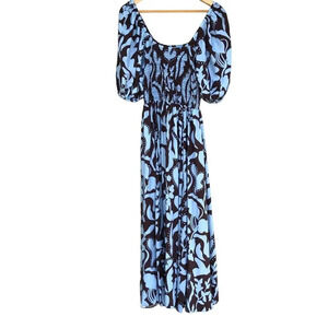 La Ligne New York Pyper Dress Smocked Silk Light Blue Brown Size Large